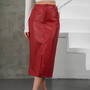 Yırtmaçlı uzun deri etek bordo (Beden: M)