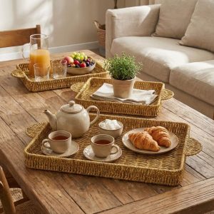 BUFFER® İç İçe Geçebilen 3’lü Dikdörtgen Plastik Rattan Tepsi Seti–Hasır Görünümlü Çok Amaçlı Servis ve Sunum Tepsileri