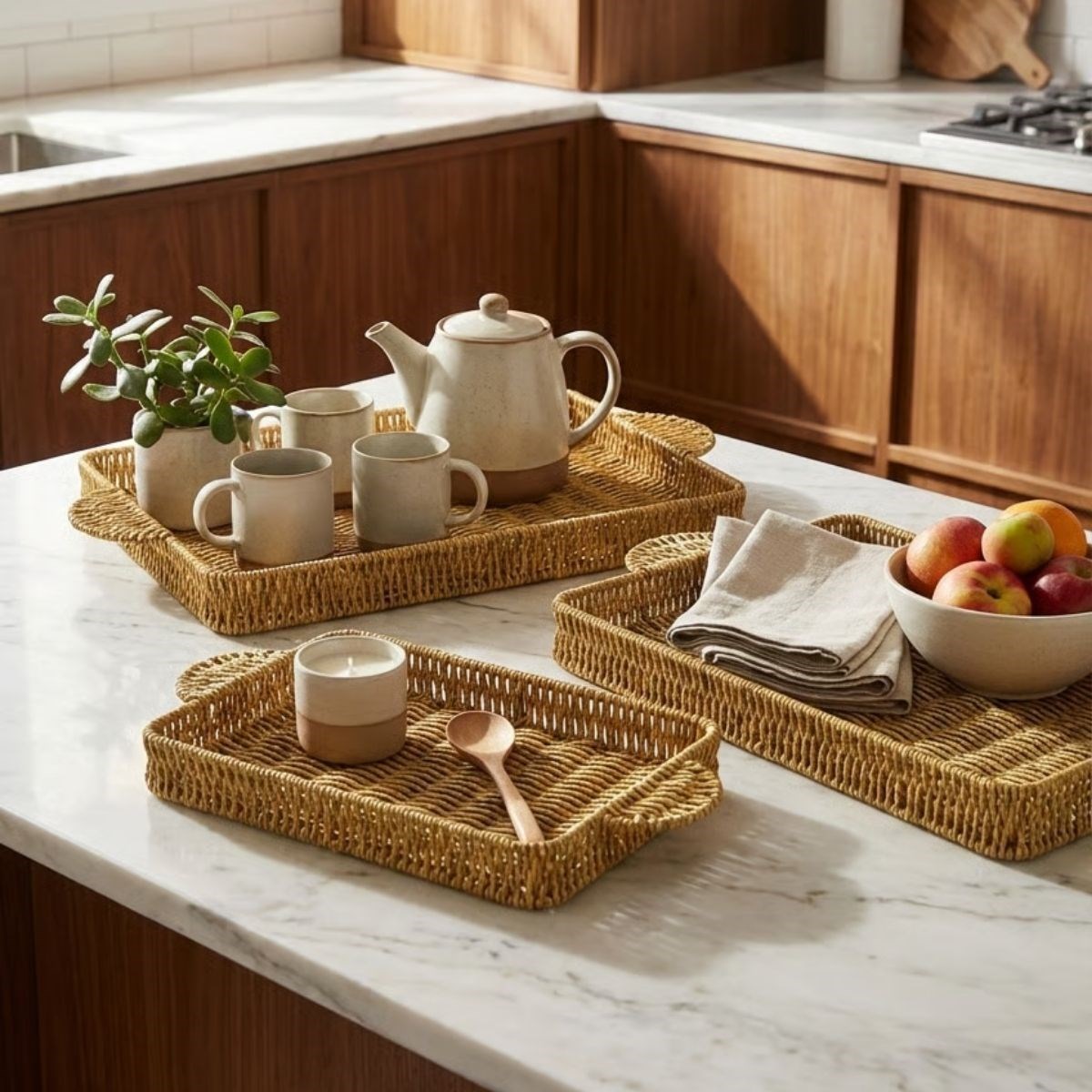 BUFFER® İç İçe Geçebilen 3’lü Dikdörtgen Plastik Rattan Tepsi Seti–Hasır Görünümlü Çok Amaçlı Servis ve Sunum Tepsileri - Görsel 2
