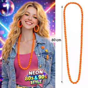 Neon Turuncu Boncuk Kolye 80 cm – Retro 80’ler 90’lar Parti Aksesuarı