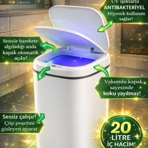 20L Akıllı Sensörlü Çöp Kovası UV Işık Koku Geçirmez Mutfak Banyo Wc Ofis