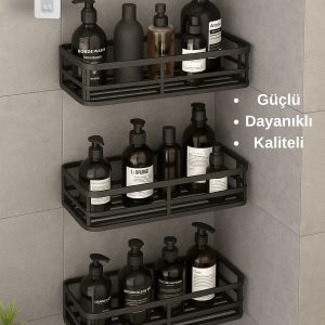 3 lü Banyo Düzenleyici Organizer Şampuanlık Havlupan Askısı Havluluk Siyah Banyo Duş Mutfak Rafı