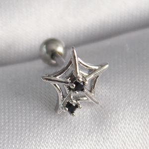 316L Çelik Gümüş Renk Siyah Zirkon Taş Detay Örümcek Ağ Model Tragus Piercing