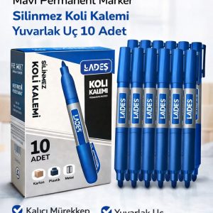 Lades Mavi Permanent Marker Silinmez Koli Kalemi Yuvarlak Uç 10 Adet