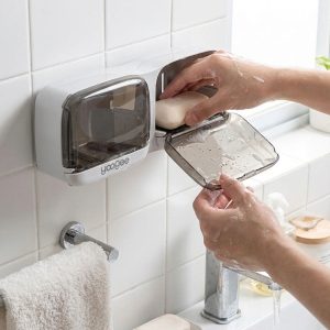 BUFFER® Duvara Monte İkili Kapaklı Plastik Katı Sabunluk Organizer – Banyo & Mutfak İçin Yapışkanlı Sabun Kutusu ve Düzenleyici