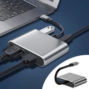 4’ü 1 Arada Type-C to Hub Dönüştürücü Adaptör – 4K Ultra HD HDMI &amp; VGA Görüntü Aktarımı, PD Hızlı Şarj Destekli, USB Çoklayıcı (5296)