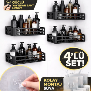 Duş İçi Yapışkanlı Banyo Rafı 4’lü Set | Delme Yok | Güçlü Yapışkan Bantlı Organizer