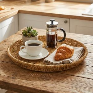 BUFFER® 35 cm Plastik Rattan Tepsi – Hasır Görünümlü Dekoratif Servis Tepsisi, Mutfak, Kahvaltı, Sunum ve Masaüstü Çok Amaçlı Organizer