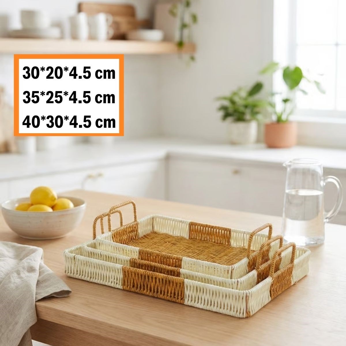 BUFFER® İç İçe Geçebilen 3’lü Dikdörtgen Plastik Rattan Tepsi Seti–Çift Renkli Hasır Görünümlü Çok Amaçlı Servis ve Sunum Tepsileri - Görsel 5