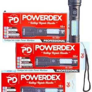 Powerdex PD-2007 10W Led 1000 Lümen Zoom Cob Yan Işık + Çakar Mod, Suya Dayanıklı Şarjlı El Feneri