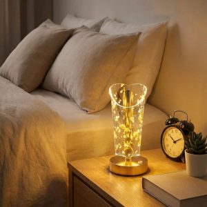 Açık Silindirik Kristal Altın Toz Model LED Masa Lambası – Gold Tabanlı, Dokunmatik, 3 Renk Işık Modlu, Şarjlı Modern Dekoratif Gece Lambası (5296)