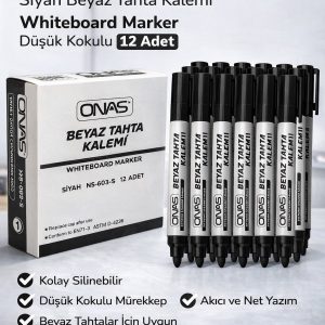 Onas Siyah Beyaz Tahta Kalemi Whiteboard Marker Düşük Kokulu 12 Adet Kutu