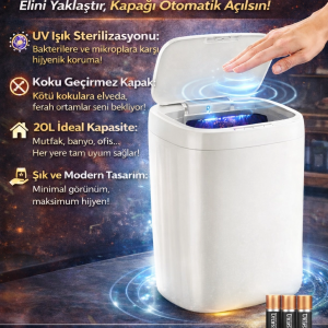 Akıllı Sensörlü UV Işıklı 20 Litre Çöp Kovası - Mutfak, Banyo, İşyeri ve Ofis Kullanımı