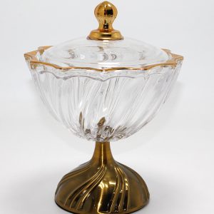 Metal Ayaklı Kristal Cam Şekerlik Gold Detaylı Sunumluk