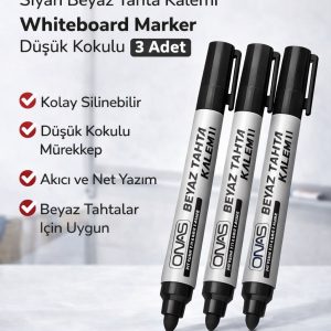 Onas Siyah Beyaz Tahta Kalemi Whiteboard Marker Düşük Kokulu 3 Adet