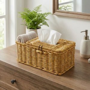 Bölmeli Kapaklı Doğal Rattan Görünümlü Hasır Makyaj, Takı ve Havlu Düzenleyici – Peçetelikli Çok Amaçlı Masaüstü Organizer Sepet (5296)