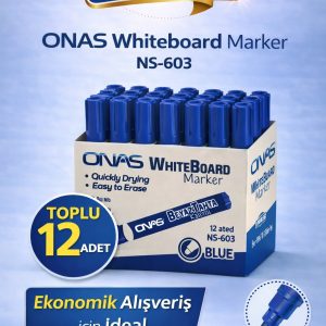 ONAS Whiteboard Marker NS-603 Mavi Tahta Kalemi 3 mm Yuvarlak Uç 12 Adet