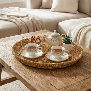 BUFFER® 40 cm Plastik Rattan Tepsi – Hasır Görünümlü Dekoratif Servis Tepsisi, Mutfak, Kahvaltı, Sunum ve Masaüstü Çok Amaçlı Organizer