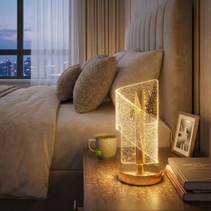 Çapraz Kavisli Kristal Simli LED Masa Lambası – Gold Gövdeli, Dokunmatik, 3 Kademe Işık Ayarlı Şarjlı Dekoratif Lamba (5296)