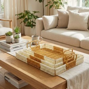 BUFFER® İç İçe Geçebilen 3’lü Dikdörtgen Plastik Rattan Tepsi Seti–Çift Renkli Hasır Görünümlü Çok Amaçlı Servis ve Sunum Tepsileri