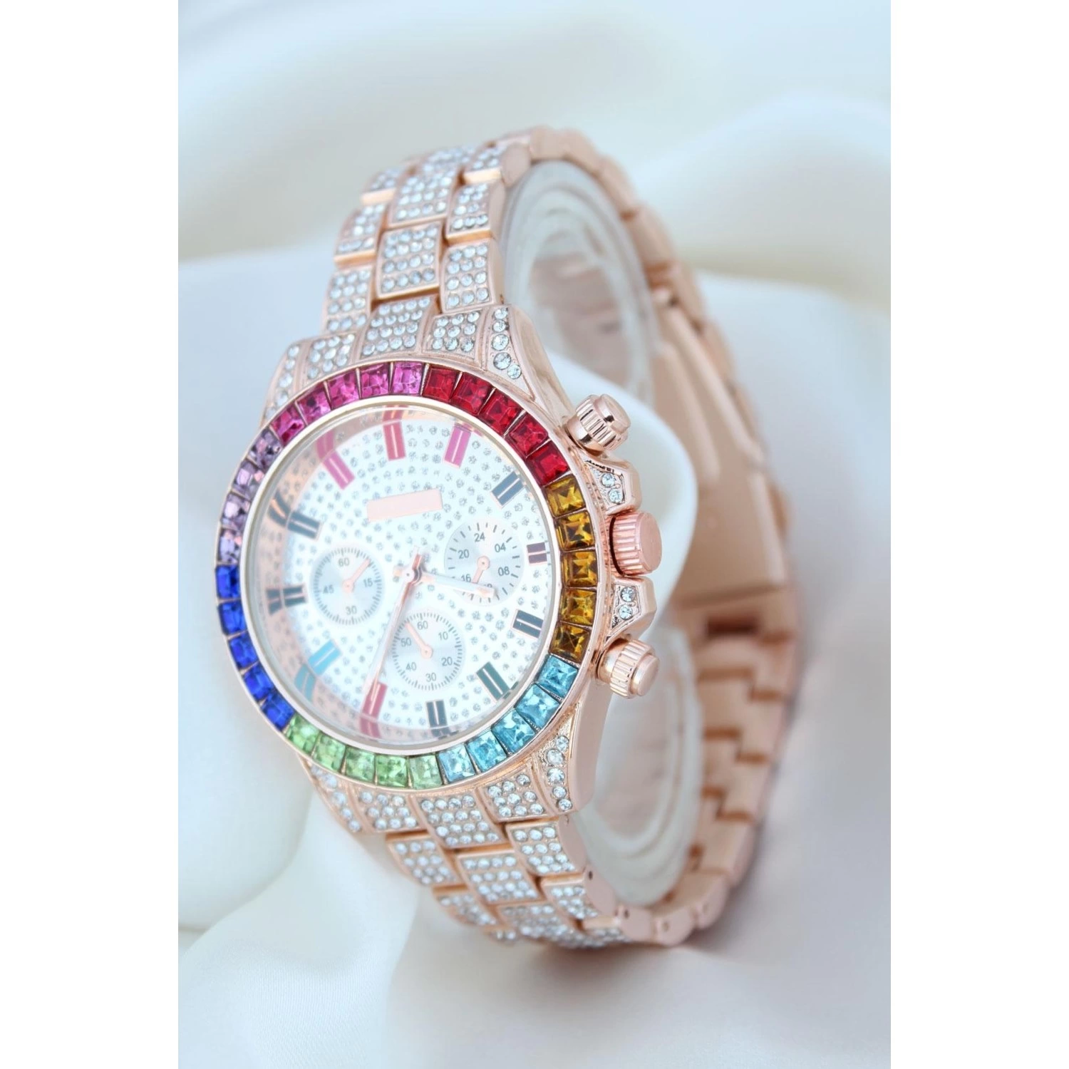 Clariss Trend Rose Metal Kordonlu Zirkon Taş Kaplama Renkli Taşlı Kasa Tasarımlı Lüx Kadın Kol Saati - Görsel 4