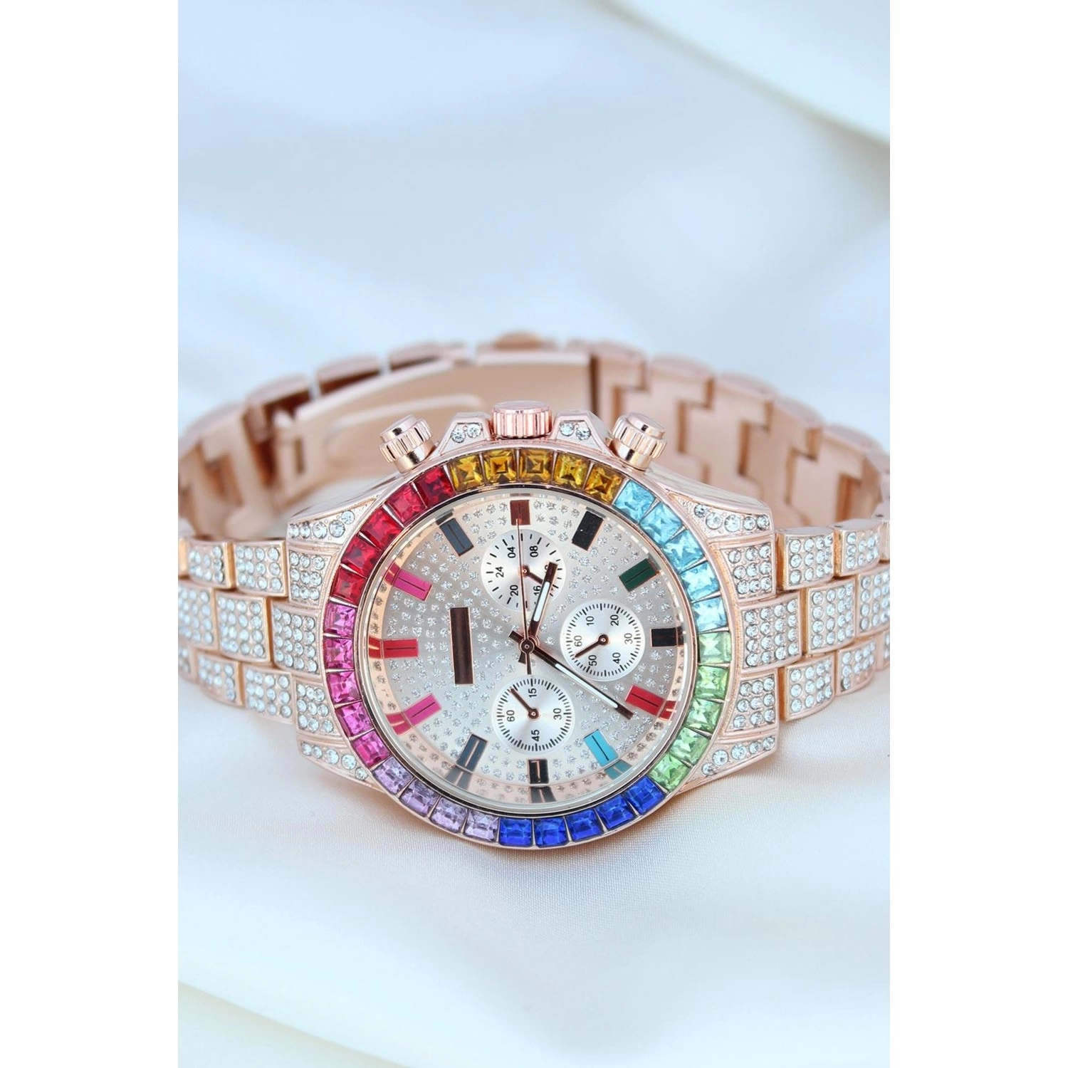 Clariss Trend Rose Metal Kordonlu Zirkon Taş Kaplama Renkli Taşlı Kasa Tasarımlı Lüx Kadın Kol Saati - Görsel 2