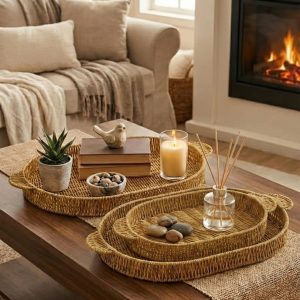 BUFFER® İç İçe Geçebilen 3’lü Oval Plastik Rattan Tepsi Seti–Hasır Görünümlü Çok Amaçlı Servis ve Sunum Tepsileri