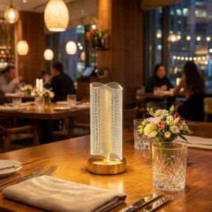 Dalgalı Silindirik Kristal Çizgili Model LED Masa Lambası – Gold Tabanlı, Dokunmatik, 3 Renk Işık Modlu, Şarjlı Modern Dekoratif Gece Lambası (5296)