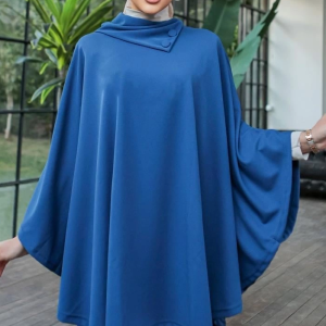 Düğme Detaylı Şık Tasarımlı Mavi Şal Yaka Panço