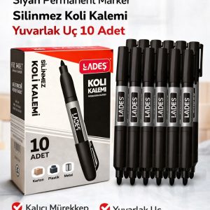 Lades Siyah Permanent Marker Silinmez Koli Kalemi Yuvarlak Uç 10 Adet