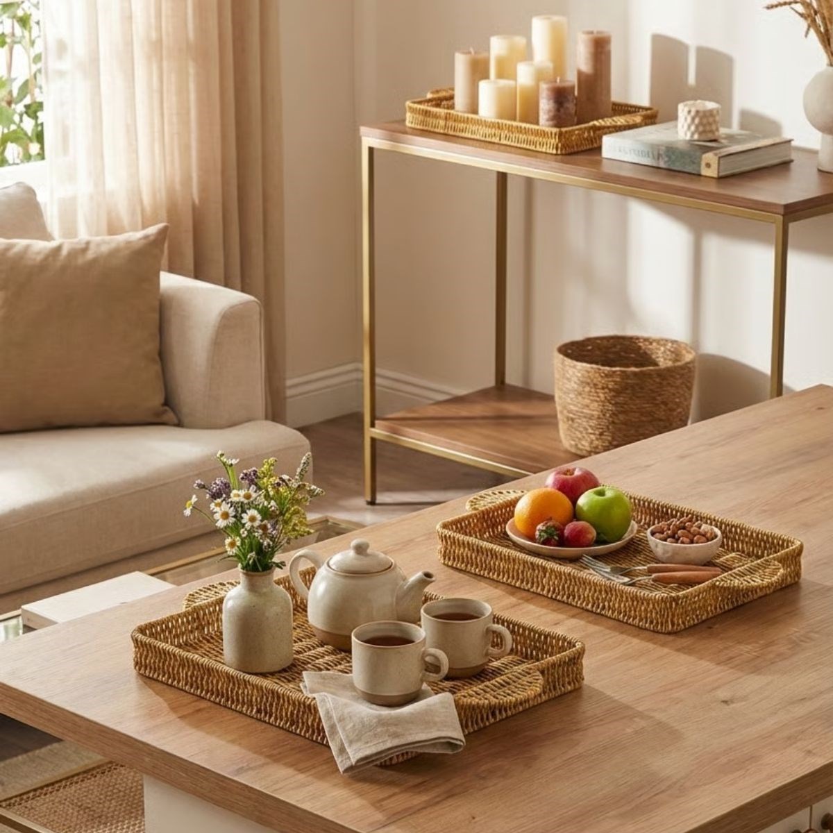 BUFFER® İç İçe Geçebilen 3’lü Dikdörtgen Plastik Rattan Tepsi Seti–Hasır Görünümlü Çok Amaçlı Servis ve Sunum Tepsileri - Görsel 4