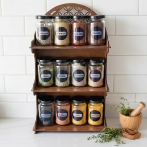 12'li Meşe Rengi Mdf Standlı Dekoratif Baharatlık Seti - Baharatlık Takımı