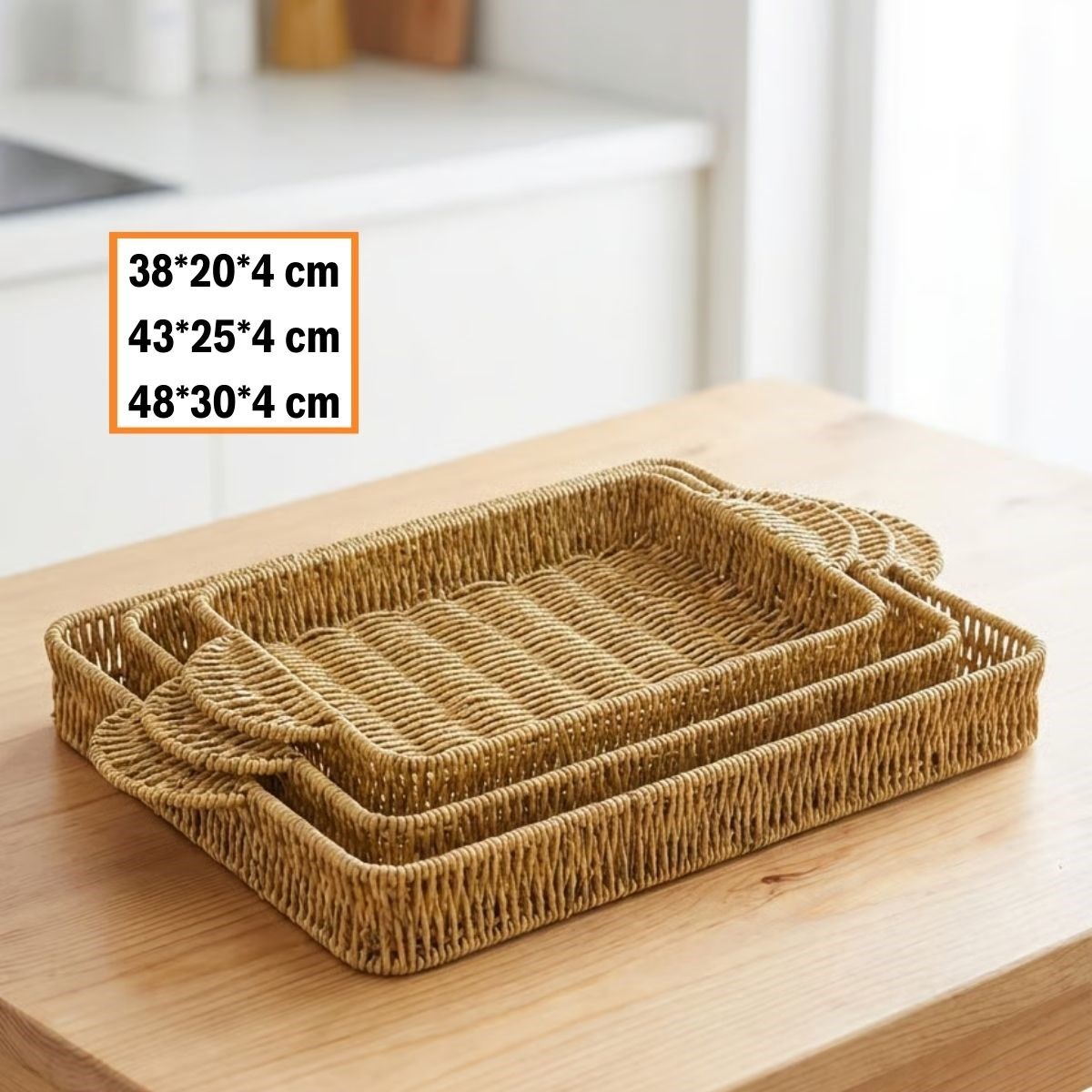 BUFFER® İç İçe Geçebilen 3’lü Dikdörtgen Plastik Rattan Tepsi Seti–Hasır Görünümlü Çok Amaçlı Servis ve Sunum Tepsileri - Görsel 5