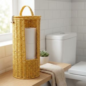 BUFFER® Askılı Plastik Rattan Tuvalet Kâğıdı Standı – Hasır Görünümlü, Kapaklı, Yedekli WC Kâğıtlık, Banyo ve Tuvalet İçin Dekoratif Organizer