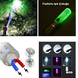 El Feneri 8 Mod Şarjlı Fosforlu Mıknatıslı Led El Feneri