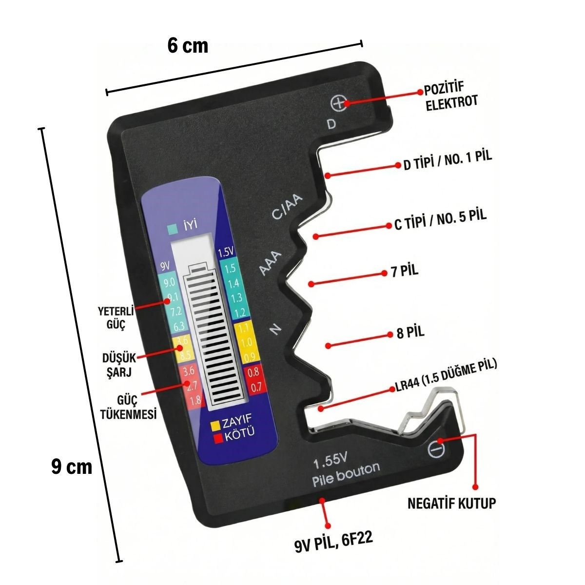 BUFFER® Evrensel Dijital Pil Test Cihazı – AA, AAA, C, D, N, 9V ve Düğme Pil Uyumlu Mini Pil Kapasite & Seviye Ölçer - Görsel 5