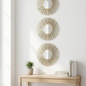 3’lü Gold Güneş Desenli Duvar Aynası Seti 25 cm | Dekoratif Yuvarlak Ayna