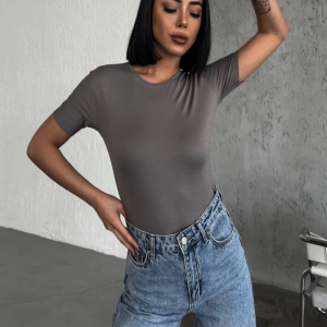 Rahat Ve Şık Kısa Kollu Bisiklet Yaka Likralı Viskon Penye Body Füme