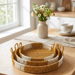 İç İçe Geçebilen 3’lü Yuvarlak Plastik Rattan Tepsi Seti–Çift Renkli Hasır Görünümlü Çok Amaçlı Servis ve Sunum Tepsileri (5296)