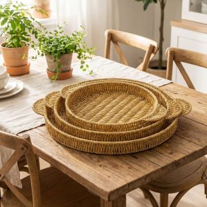 İç İçe Geçebilen 3’lü Yuvarlak Plastik Rattan Tepsi Seti–Hasır Görünümlü Çok Amaçlı Servis ve Sunum Tepsileri (5296)