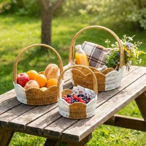 İç İçe Geçebilen 3’lü Çift Renkli Yuvarlak Dalgalı Formlu Saplı Plastik Rattan Sepet Seti – Hasır Görünümlü Çok Amaçlı Organizerler (5296)