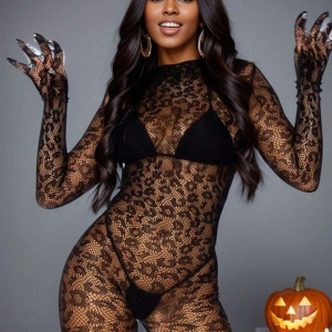 Kadın Özel Bölgesi Açık Siyah Leopar Fantazi Vücut Çorabı