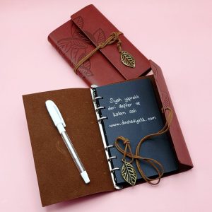 Kahverengi Siyah Yapraklı Deri Defter Ve Beyaz Jel Kalem Set