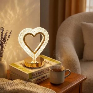 Kalp Şeklinde Kristal LED Masa Lambası – Dokunmatik, 3 Renk Işık Modlu, Şarjlı Mini Dekoratif Gece Lambası (5296)