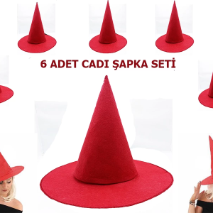 Kırmızı Renk Keçe Cadı Şapkası Yetişkin Çocuk Uyumlu 6 Adet