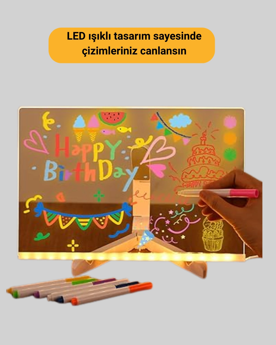 LED Işıklı Akrilik Yazı Tahtası Renkli Kalem Setiyle - Görsel 3