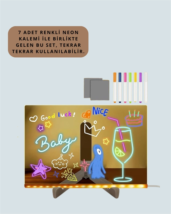 LED Işıklı Şeffaf Yazı Tahtası – Neon Etkili Akrilik Pano, Silinebilir, 7 Renkli Kalemli, 30x20 cm - Görsel 3