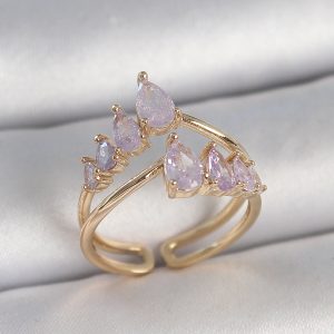Pirinç Gold Renk Mor Damla Zirkon Taşlı Taç Model Kadın Yüzük - TJ-BYK3715