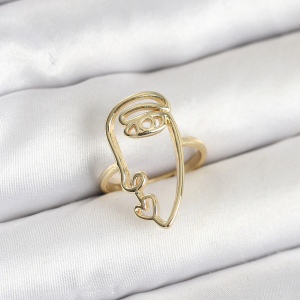 Pirinç Gold Renk Picasso Tarzı Tek Çizgi Yüz Model Kadın Yüzük