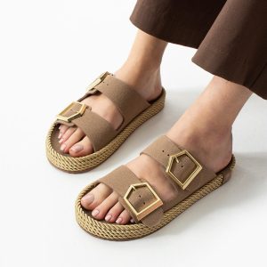 Loera Vizon Nubuk Çift Tokalı Terlik